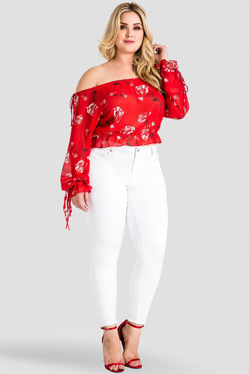 Plus Size Marina Off Shoulder Tie Sleeve Red Blouse