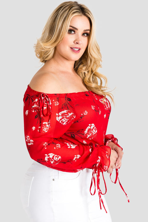 Plus Size Marina Off Shoulder Tie Sleeve Red Blouse
