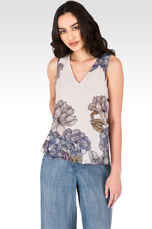 Standards & Practices Women's Gray Floral Print Chiffon Sleeveless Tie V-Back Top Full