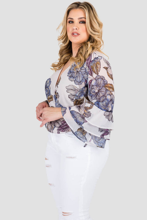 Standards & Practices Curvy Women's Plus Size Gray Floral Print Chiffon Crossover Ruffle Sleeve Blouse