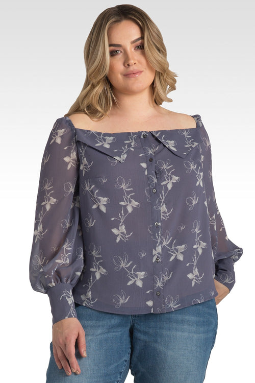 Plus Size Floral Print Long Sleeve Button Down Off-The-Shoulder Blouse