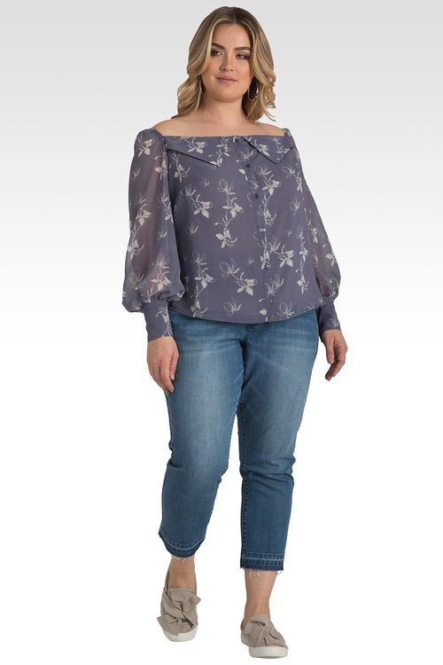 Plus Size Floral Print Long Sleeve Button Down Off-The-Shoulder Blouse