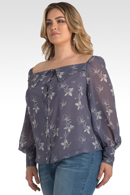 Plus Size Floral Print Long Sleeve Button Down Off-The-Shoulder Blouse