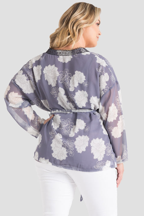 light purple floral sheer wrap kimono cardigan with black lace