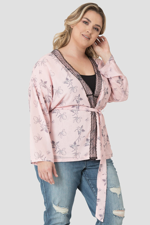 standards & practices plus size light pink floral print wrap kimono cardigan 