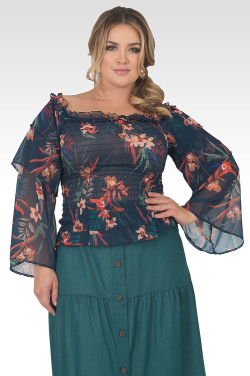 Plus Size Jessa Floral Print Smocked Tierd Sleeve Top-1