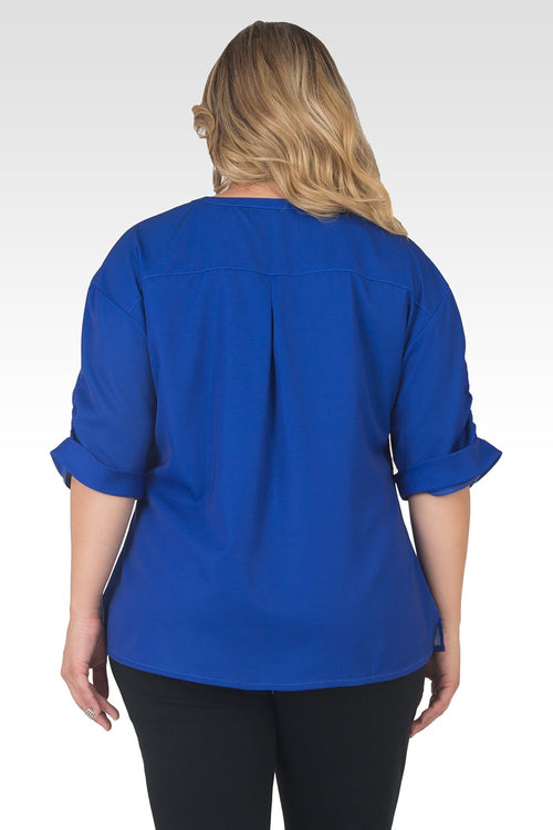 Plus Size Lola V-Neck Rolled 3/4 Sleeve Utility Top - Royal Blue-2