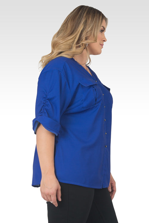 Plus Size Lola V-Neck Rolled 3/4 Sleeve Utility Top - Royal Blue-3