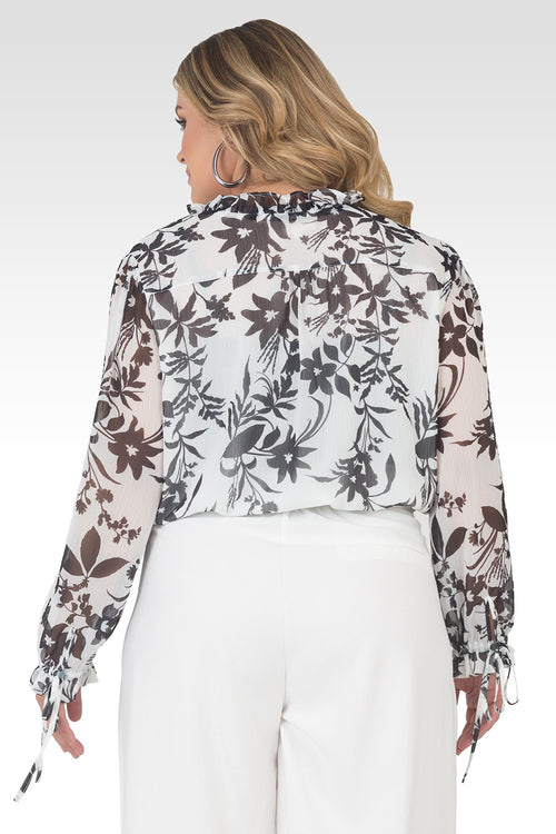 Plus Size Jessica Chiffon Tie-Neck Long Sleeve Prairie Top - Black & White Floral-2