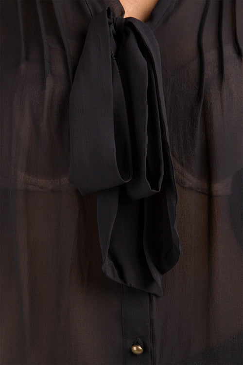 Black Neck Tie Sheer Blouse