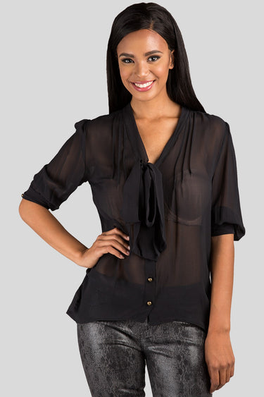 Women Black Neck Tie Sheer Blouse