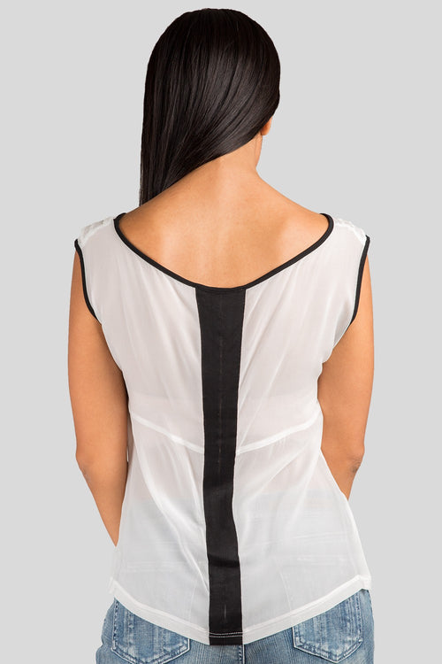White Silk Blouse w/ Black Trim Contrast 