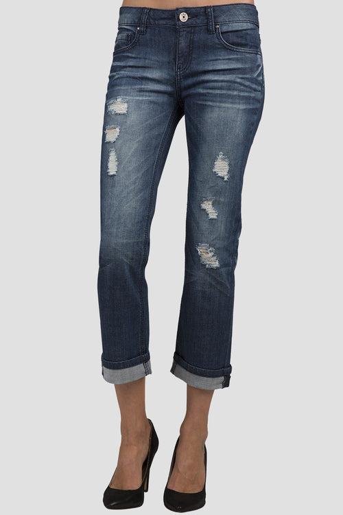 Women Denim Destroyed Low-Rise Rolled Jeans