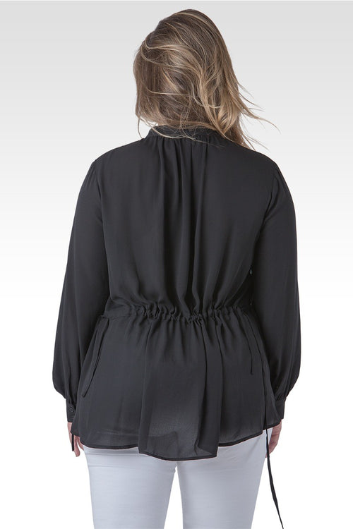 Plus Size Trisha Mandarin Collar Tuxedo Front Black Chiffon Blouse