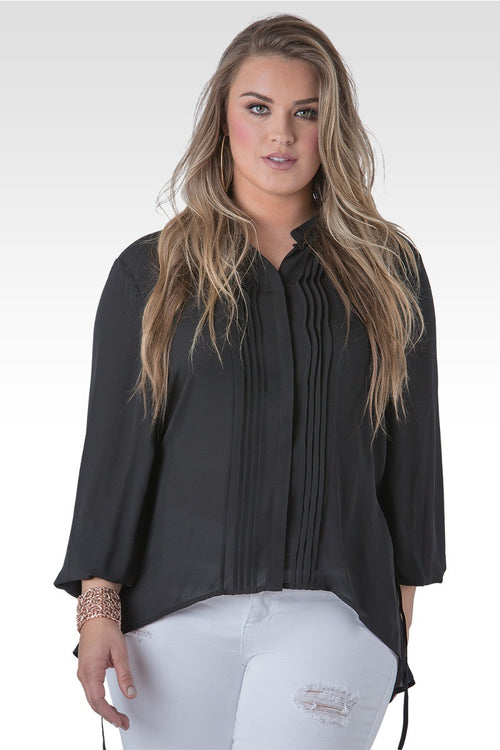 Plus Size Women Black Chiffon Tuxedo Front Blouse