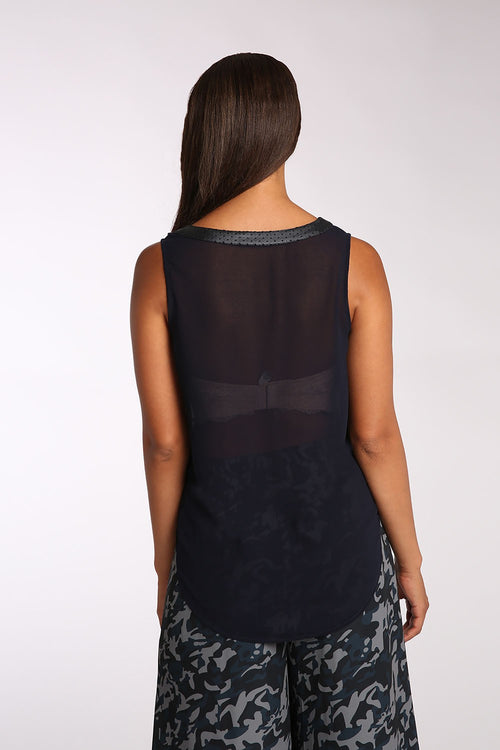 Chiffon Blue Henley Top Sleeveless w/ Vegan Leather 