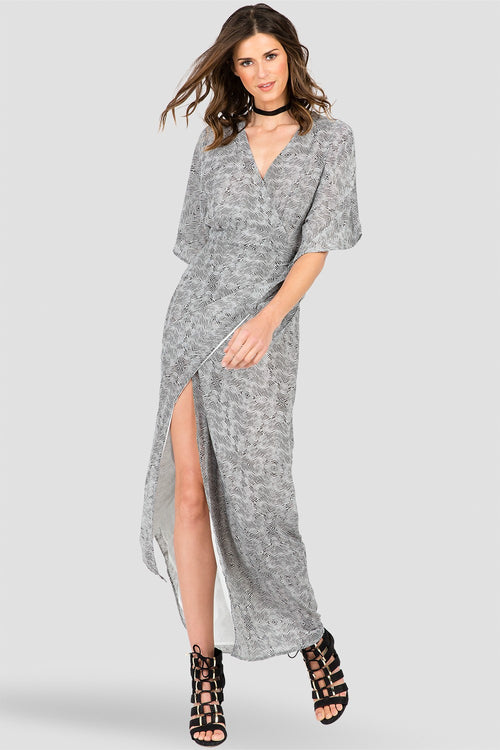 Black & White Tibal Print Long Wrap Dress 