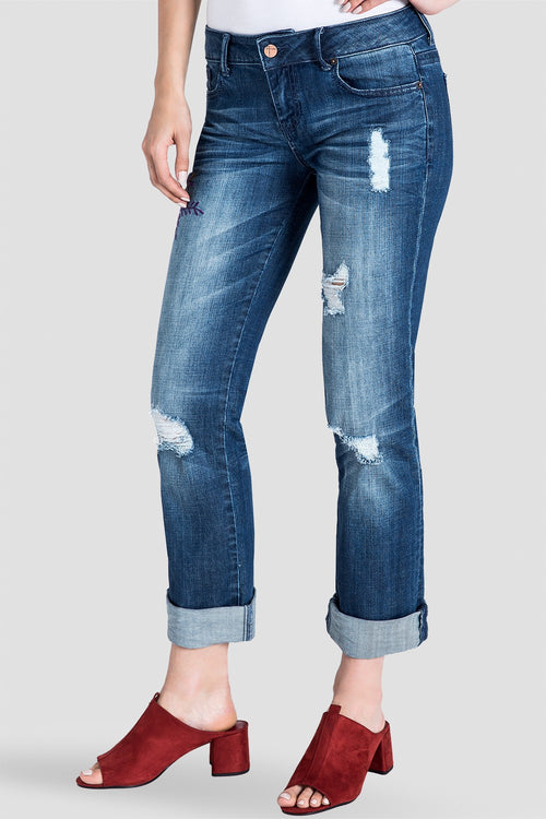 Women's Embroidered Distressed Boyfriend Jeans 