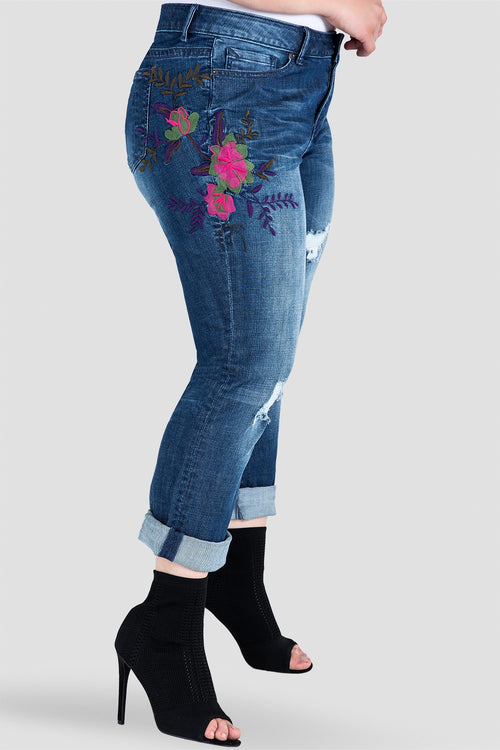 Plus Size Standards & Practices Embroidered Distressed Boyfriend Jeans 