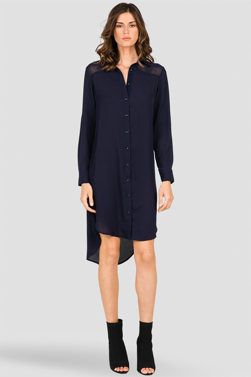 Solenn Woven Chiffon Midnight Blue Print Button Up Shirt Dress