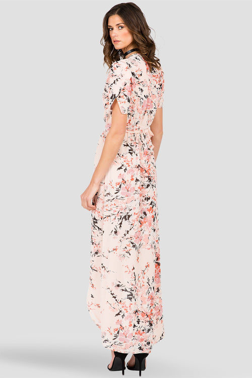 Peach & Pink Floral Print Short-Sleeve Maxi Wrap Dress 