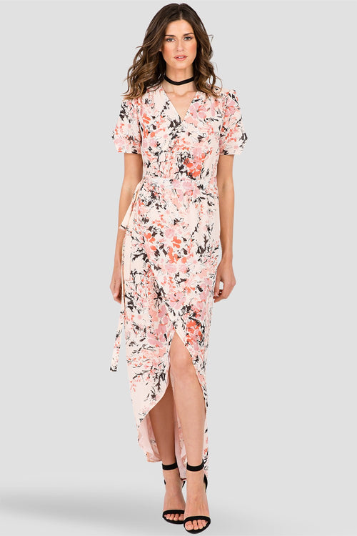Peach & Pink Floral Short Sleeve Wrap Maxi Dress 