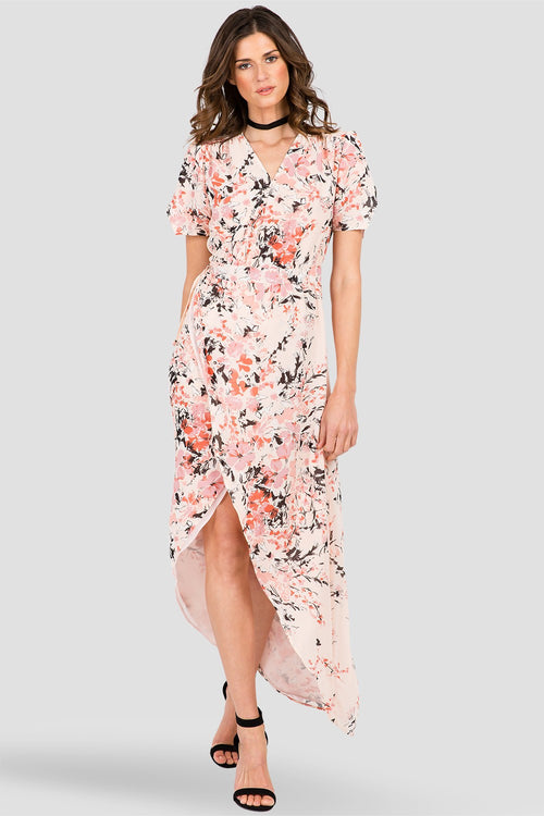 Peach & Pink Floral Print V-Neck Wrap Maxi Dress 