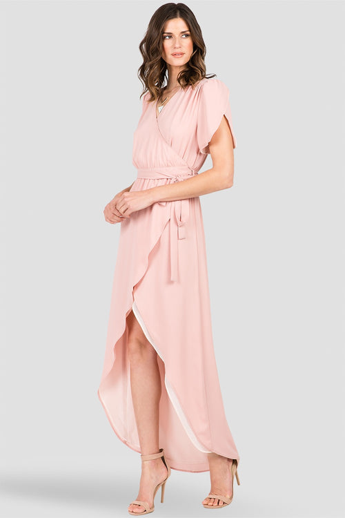 Dark Pink Short Sleeve Wrap Maxi Dress 