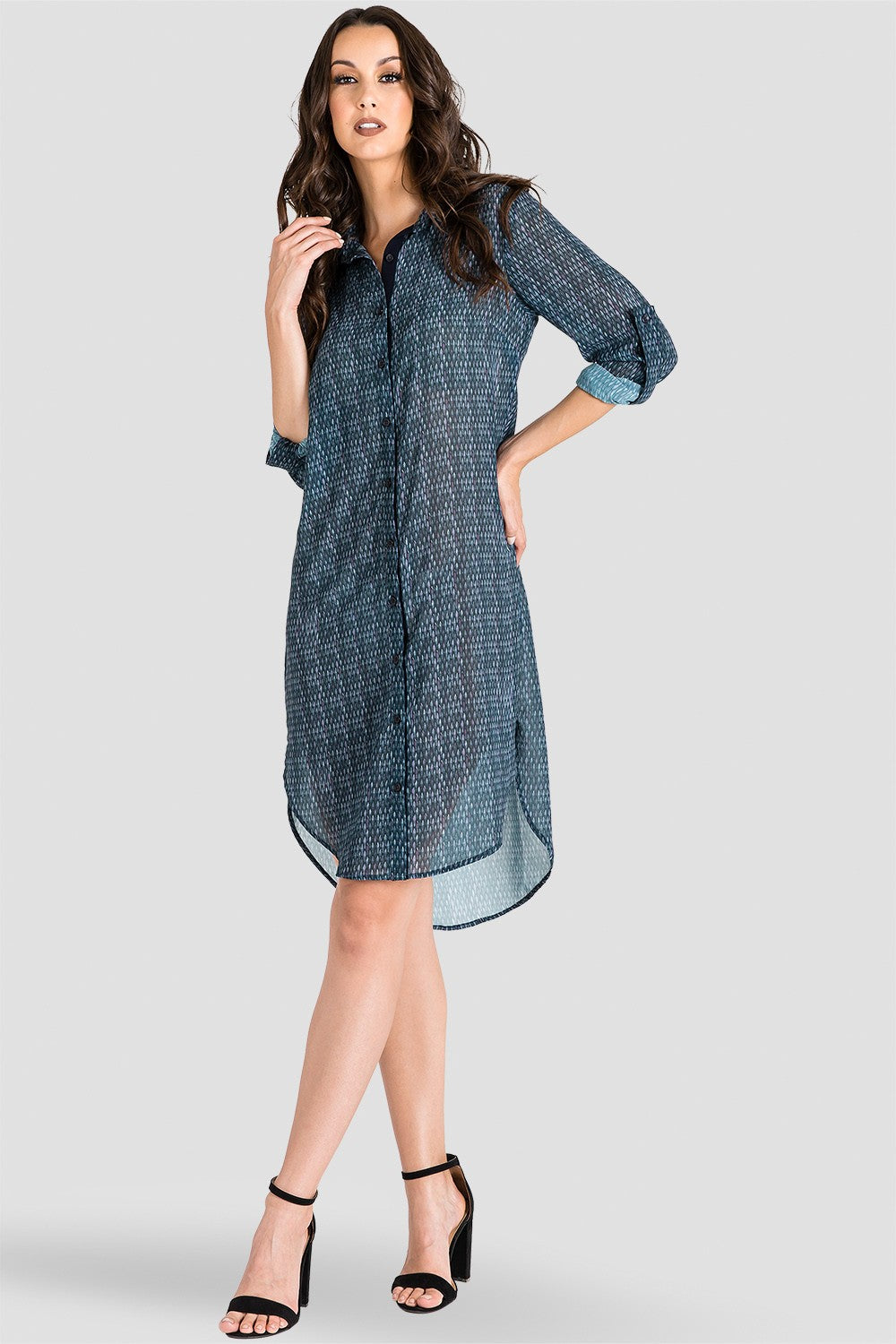 Women's Purple Gray Snakeskin Print Shirtdress, Sheer Chiffon Panel Back