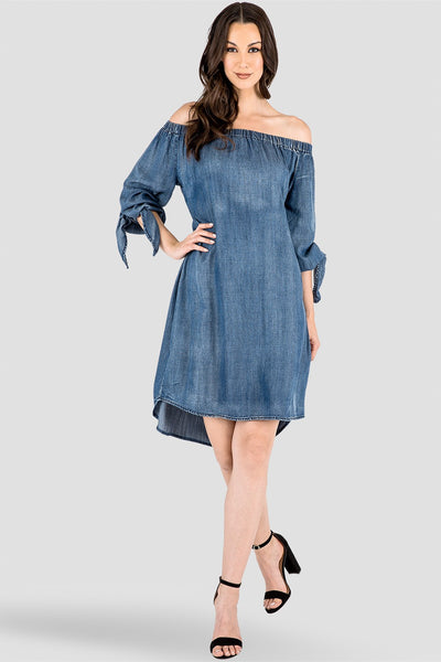 Standards & Practices Julie Tencel Denim Off-The-Shoulder Peasant Dress - High Low Hem