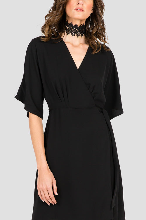 Black V-Neck Kimono Wrap Midi Dress 