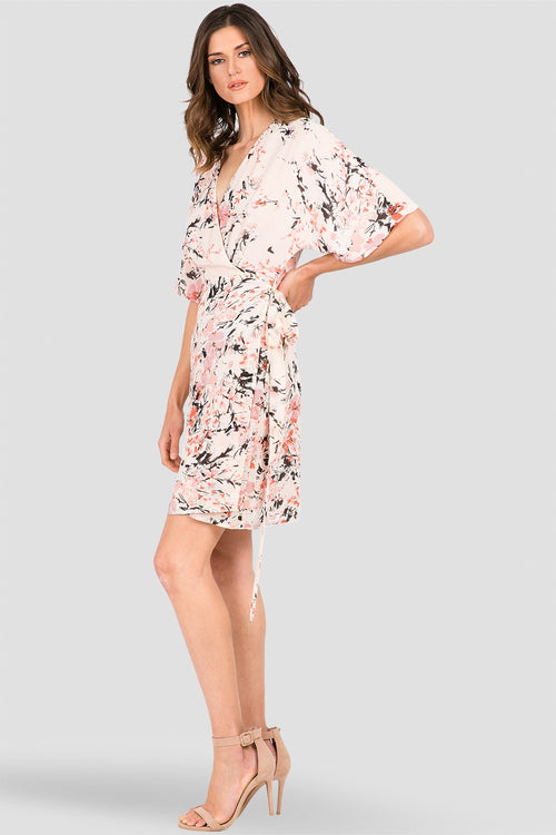 Candice V-Neck Kimono Wrap Midi Dress Peach Pink Floral Print