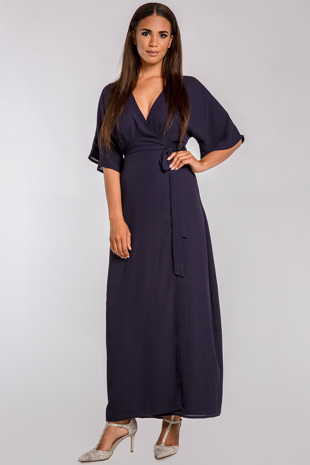 Women's Navy Blue Wrap Dress w/ Kimono Sleeve & Cinched Waist