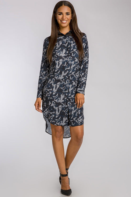 Standards & Practices Women's Blue Camouflage Print Chiffon Shirt Dress