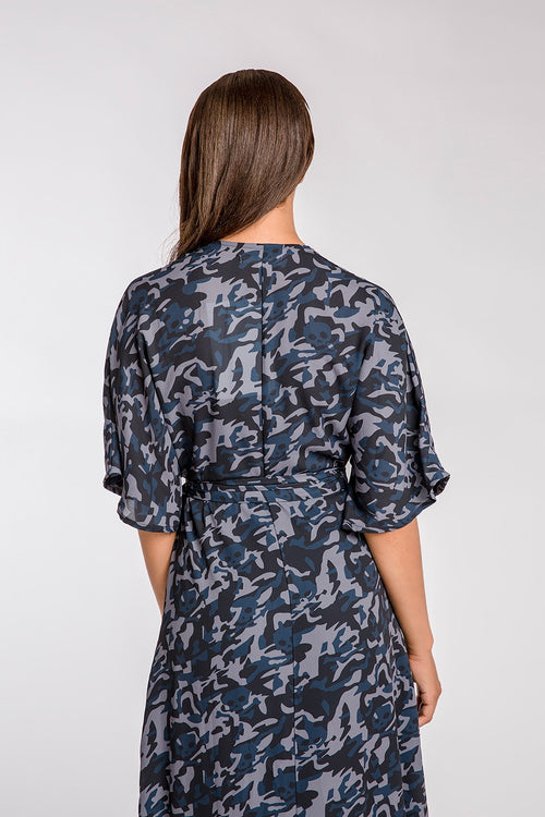 Wrap Dress in Blue Camo Kimono Sleeve & Cinched Waist