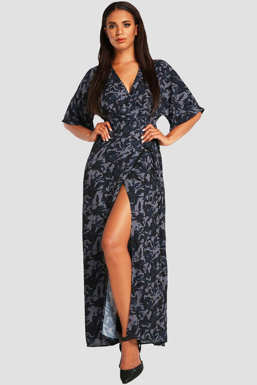 Women's Wrap Dress Blue Camo w/ Kimono Sleeve 