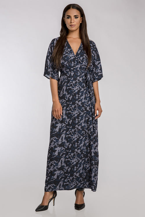 Woven Chiffon Blue Camo Print Kimono Wrap Maxi Dress